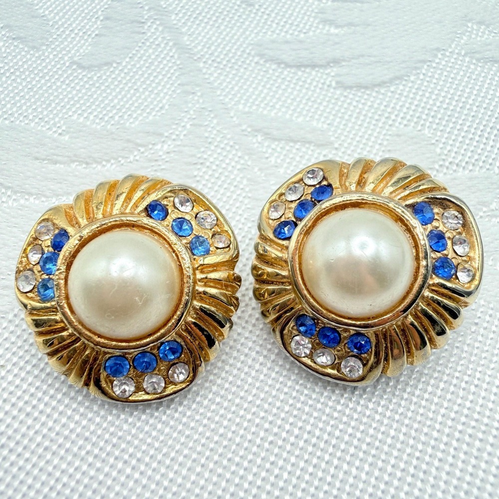 Vintage Chunky Gold Tone Blue Rhinestone Faux Pearl Cabochon Clip-On Earrings